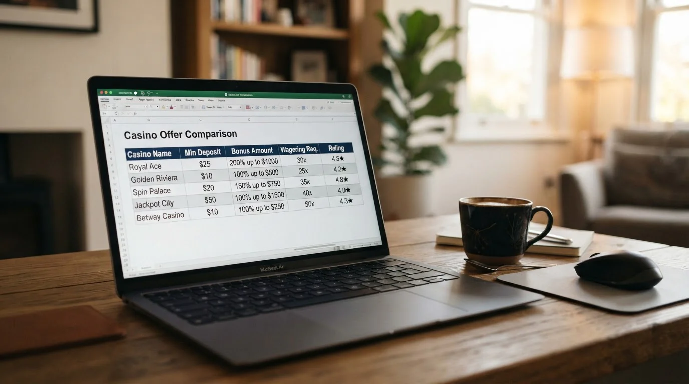 Laptop displaying casino comparison spreadsheet on office desk