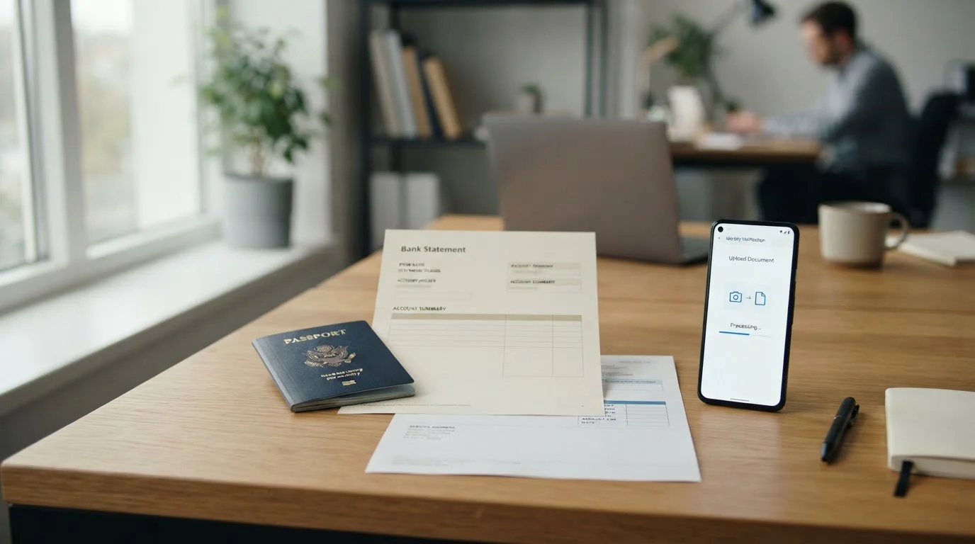 Document verification process showing passport and bank statement for KYC compliance