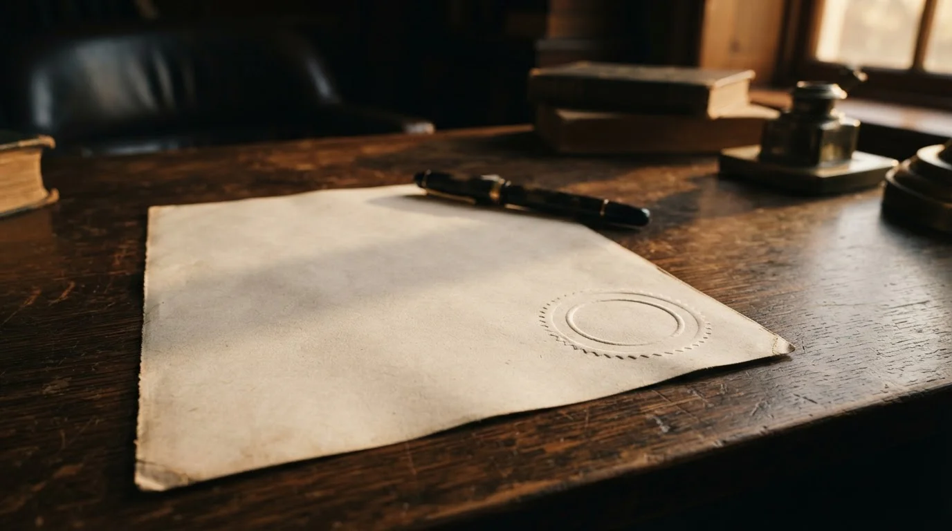 Licence certificate with a blank embossed seal on a timber desk