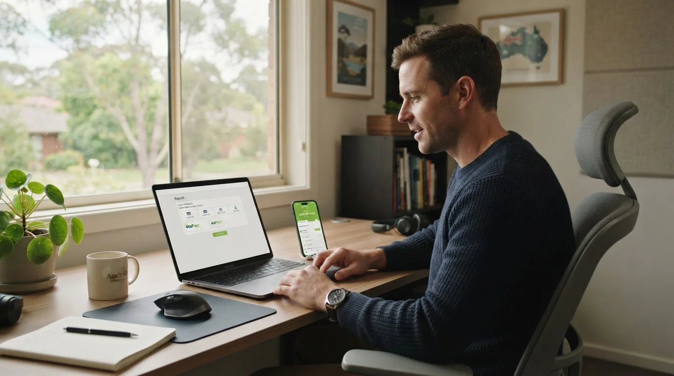 Australian player reviewing casino payment options on laptop with ecoPayz wallet visible on screen