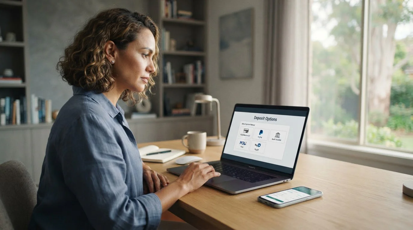 Australian player reviewing BPAY casino deposit options on laptop with banking app visible
