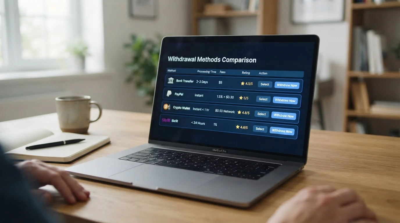 Withdrawal method comparison showing PayID crypto and bank transfer options