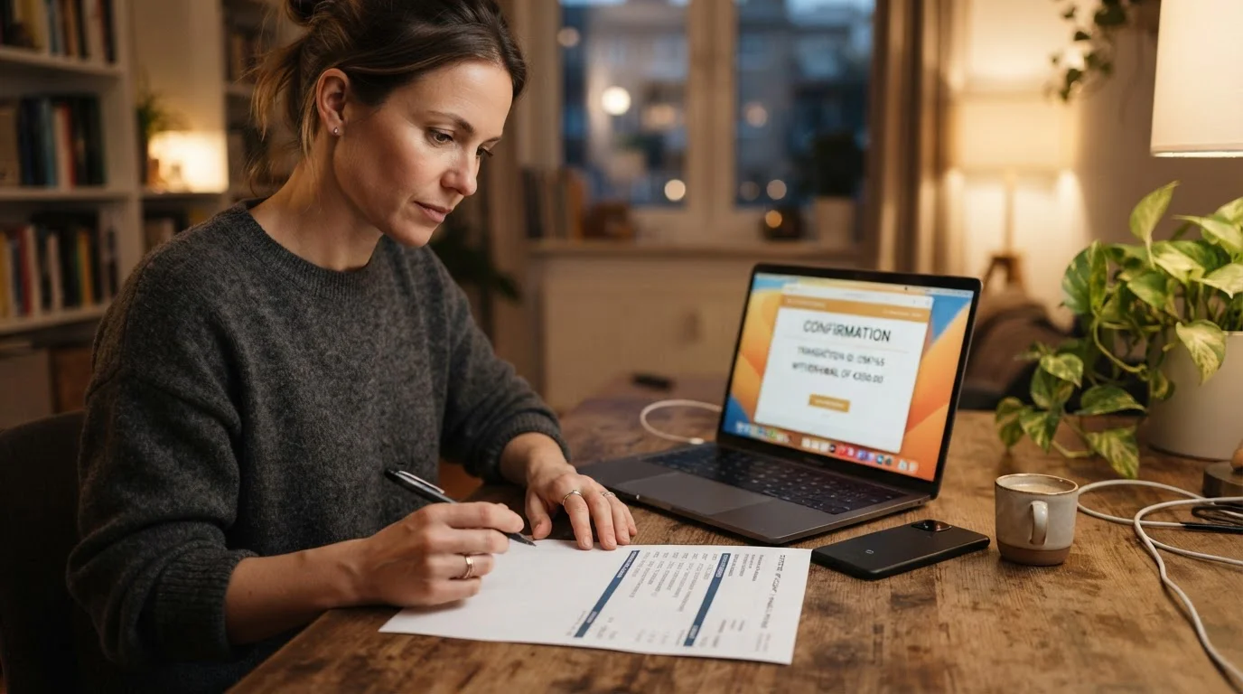Person reviewing casino withdrawal options on laptop with bank statement showing PayID transfer
