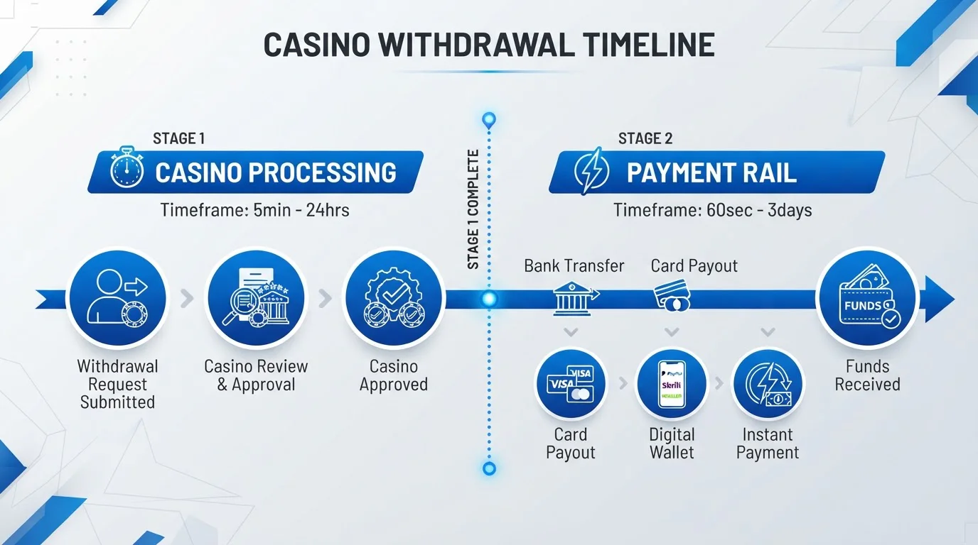 Diagram showing two-stage casino withdrawal process with timeline