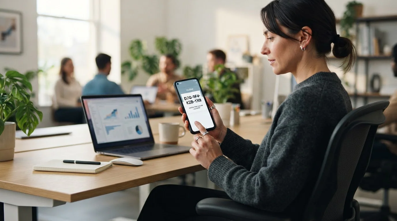 Person holding smartphone with digital voucher code displayed on screen at desk