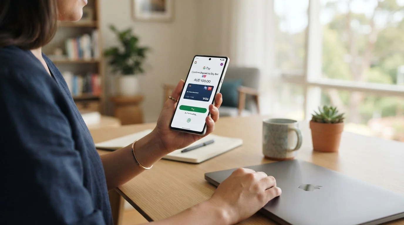 Australian player using Google Pay for instant casino deposit on smartphone