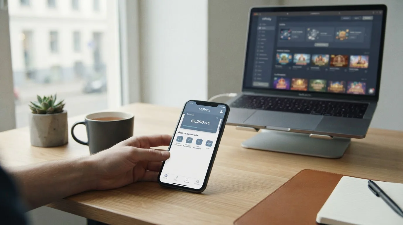 MiFinity e-wallet app on smartphone with Australian casino gaming interface in background