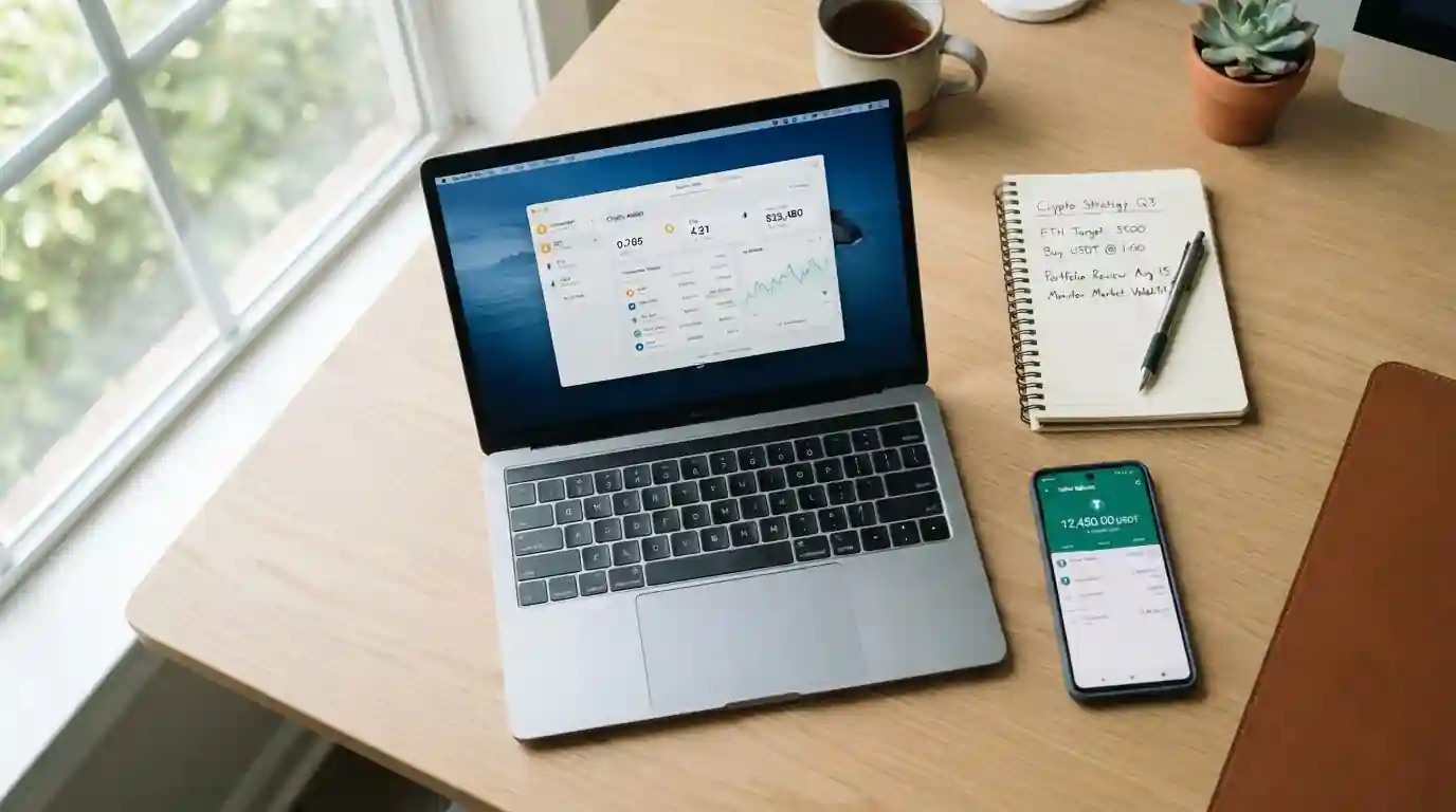 Modern workspace with laptop displaying cryptocurrency wallet and USDT balance