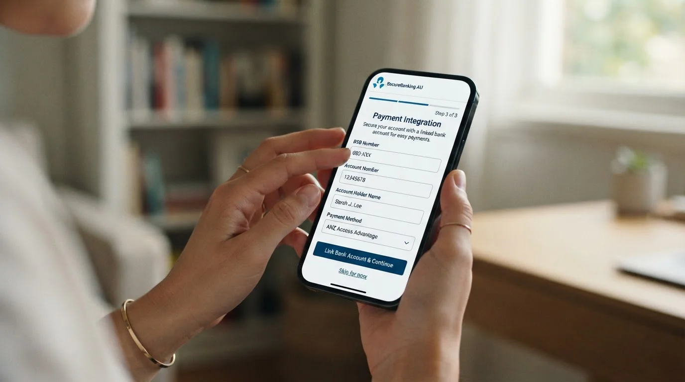 Mobile phone showing step-by-step casino registration process with PayID banking integration