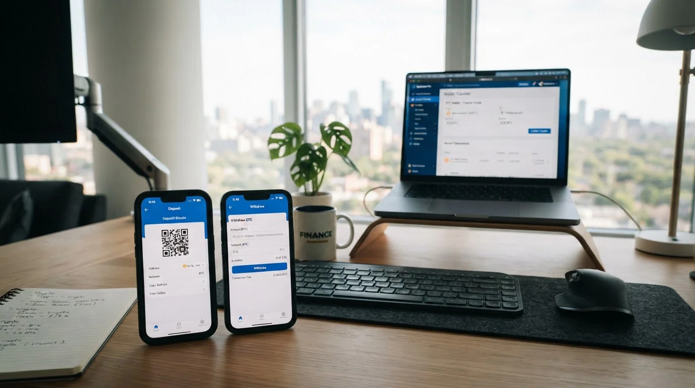 Smartphone displaying crypto exchange app with laptop showing wallet transfer in background