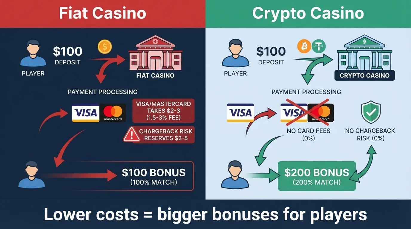 Economic breakdown showing why crypto casinos offer larger bonuses than fiat casinos