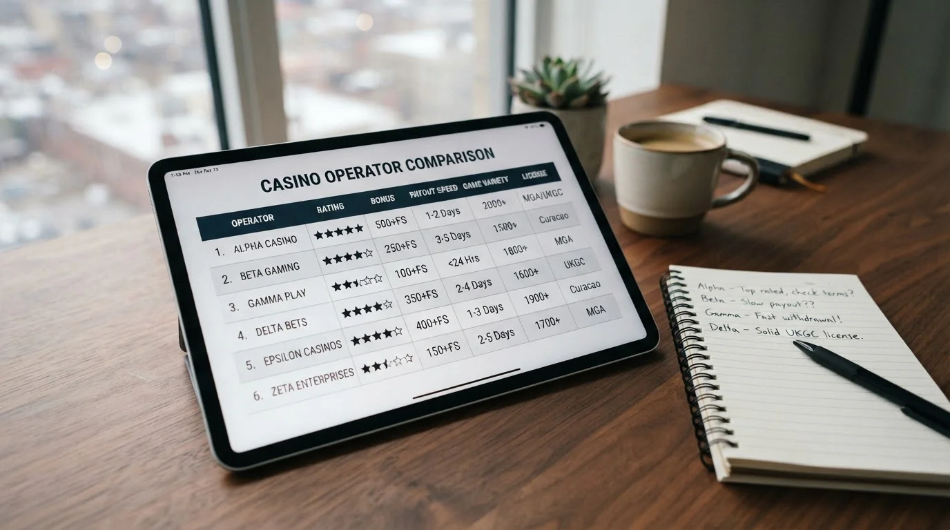 Crypto casino comparison chart on tablet screen