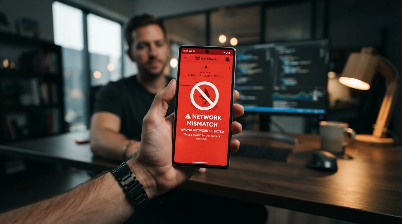 Warning symbol with crossed-out incorrect wallet address and network selection