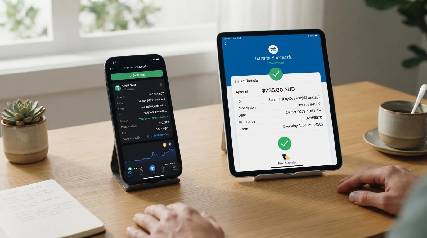 Cryptocurrency wallet and PayID mobile app showing instant transaction confirmation