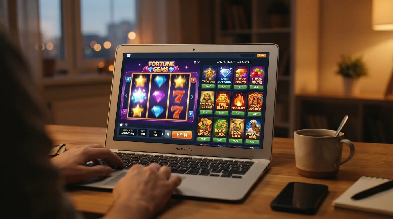 Online slot games displayed on laptop screen