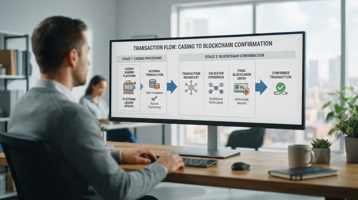 Diagram showing two-stage crypto withdrawal process from casino to wallet