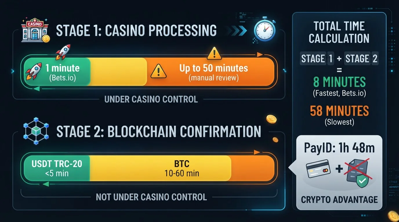 Two-stage timeline showing casino processing and blockchain confirmation times