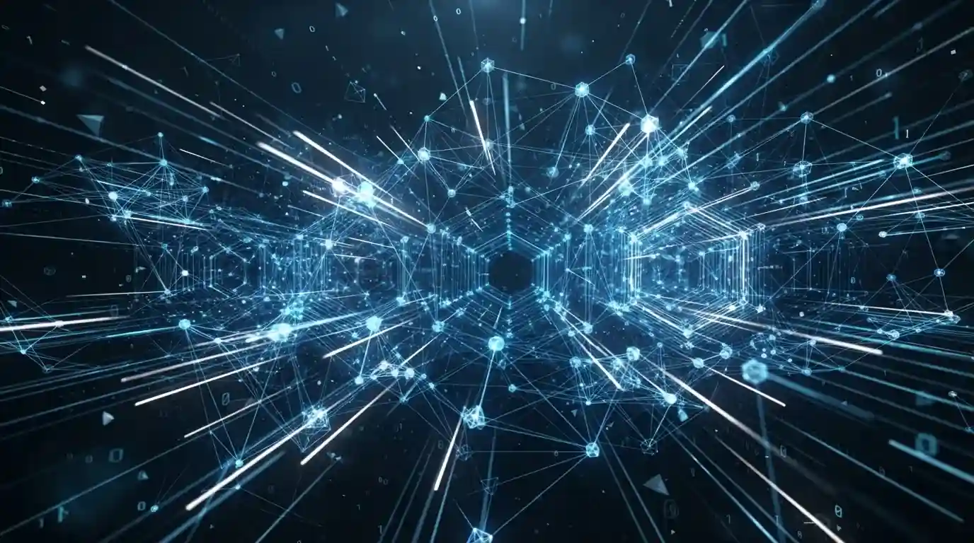 Abstract visualization of cryptocurrency blockchain network showing fast transaction flow