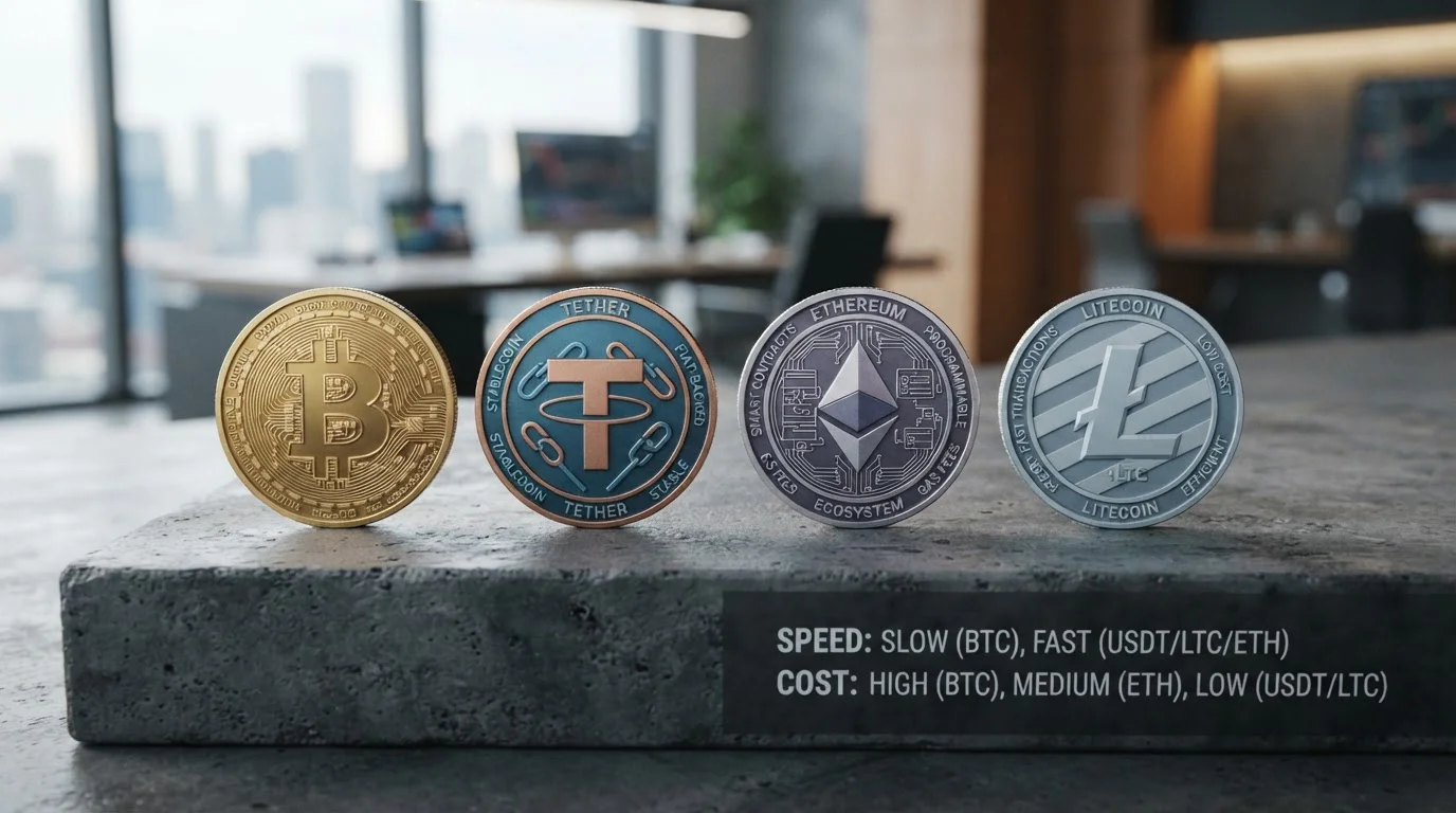 Comparison of cryptocurrency coins including Bitcoin, USDT, Ethereum, and Litecoin