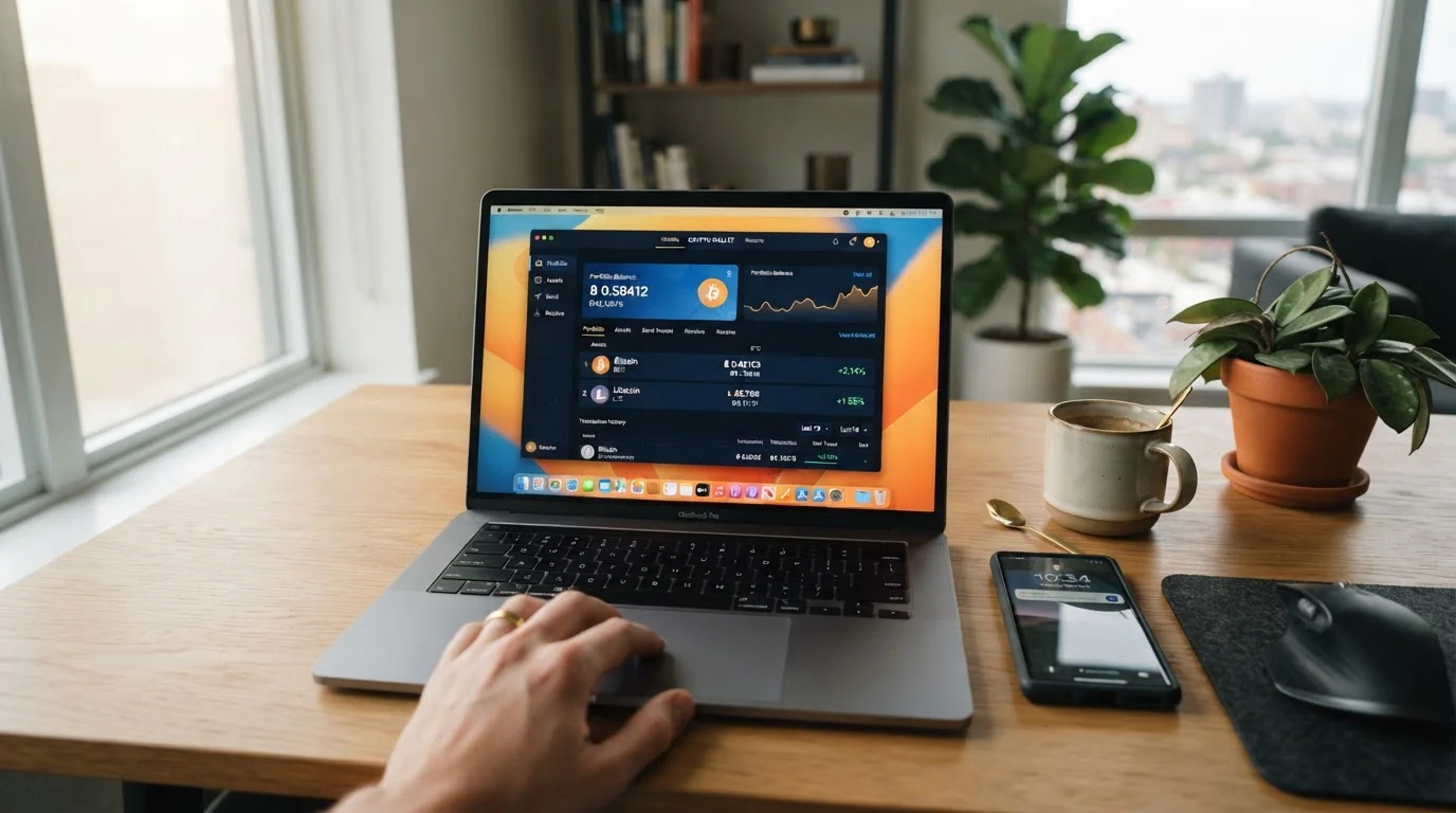 Laptop displaying cryptocurrency wallet with Bitcoin and Litecoin on modern desk
