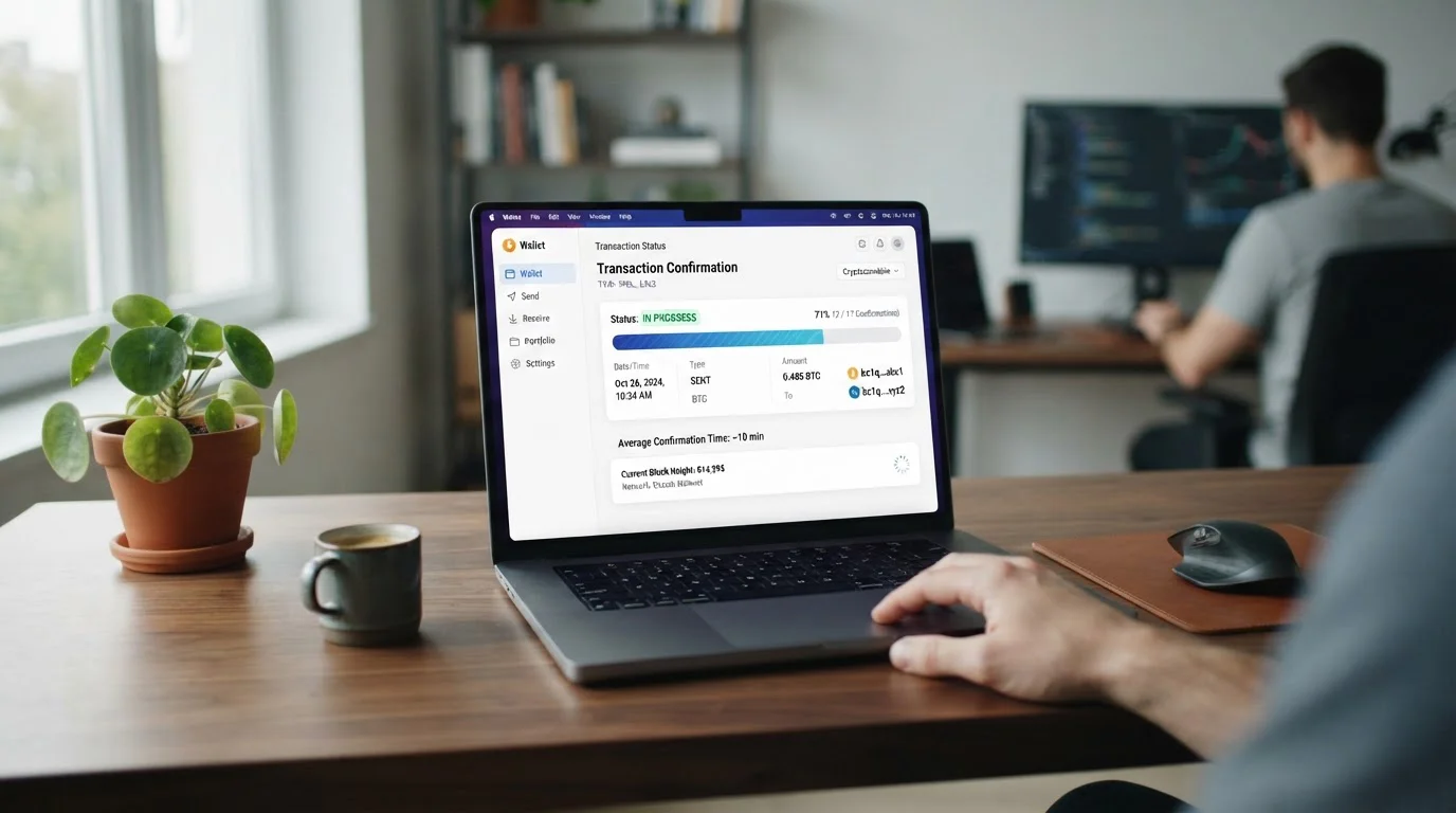 Laptop displaying cryptocurrency wallet with blockchain confirmation progress