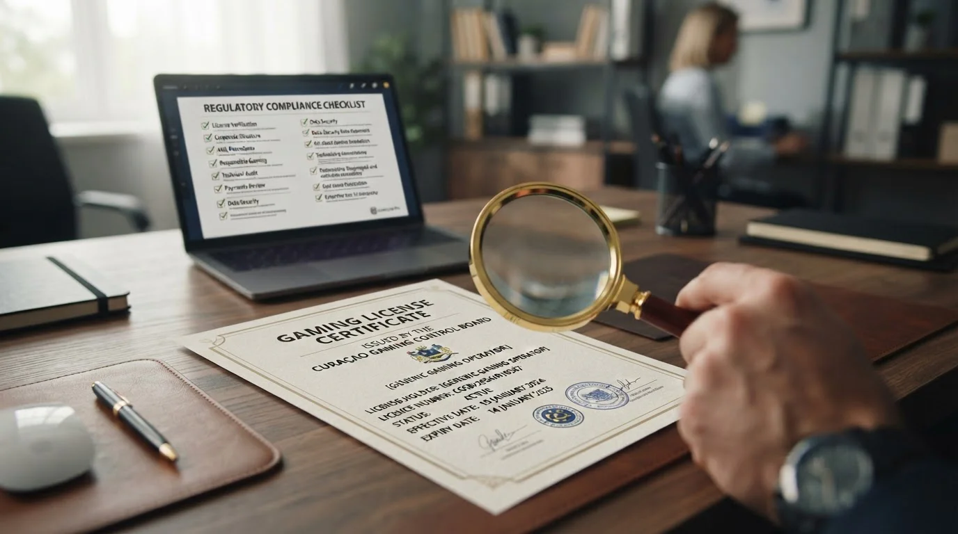 Curaçao gaming license certificate on desk with magnifying glass and compliance checklist on laptop