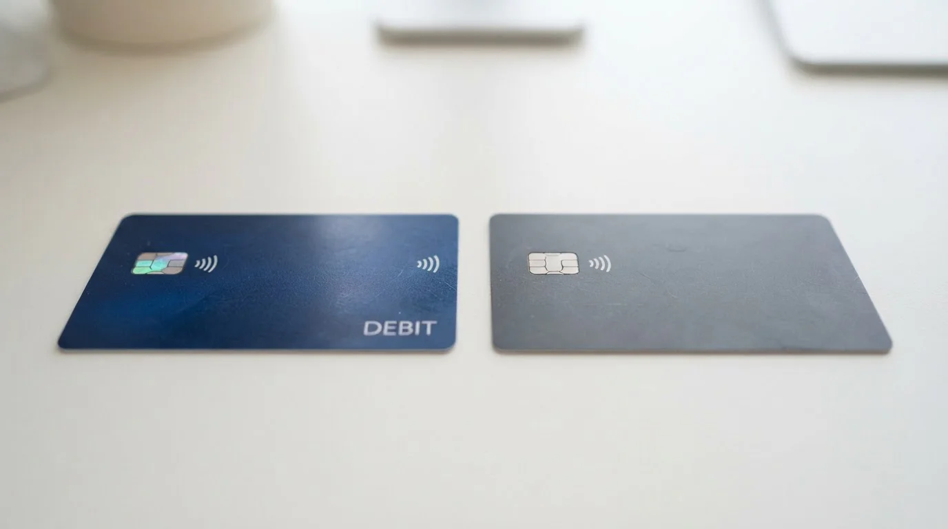 Close-up of Australian debit card next to credit card with debit clearly labeled