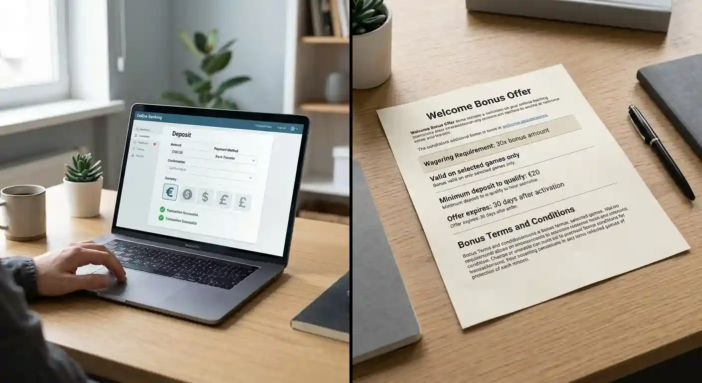 Split-screen comparison showing real money deposit on one side and bonus promotional offer on the other