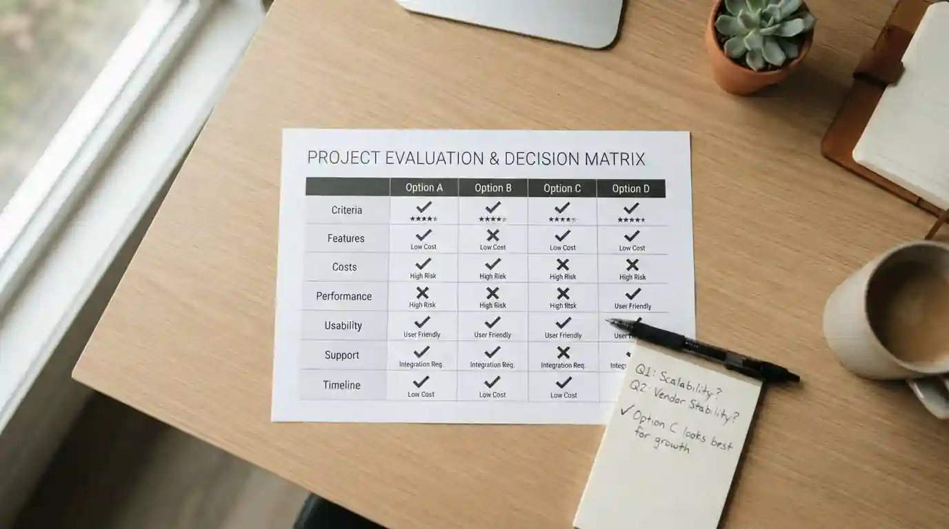 Overhead view of desk with comparison chart showing checkmarks and crosses