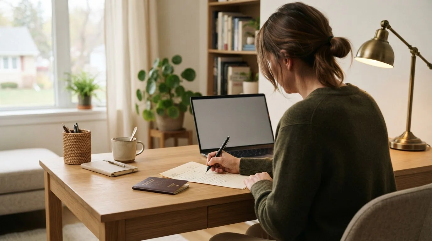 Person at a tidy desk completing an identity verification form with a passport nearby