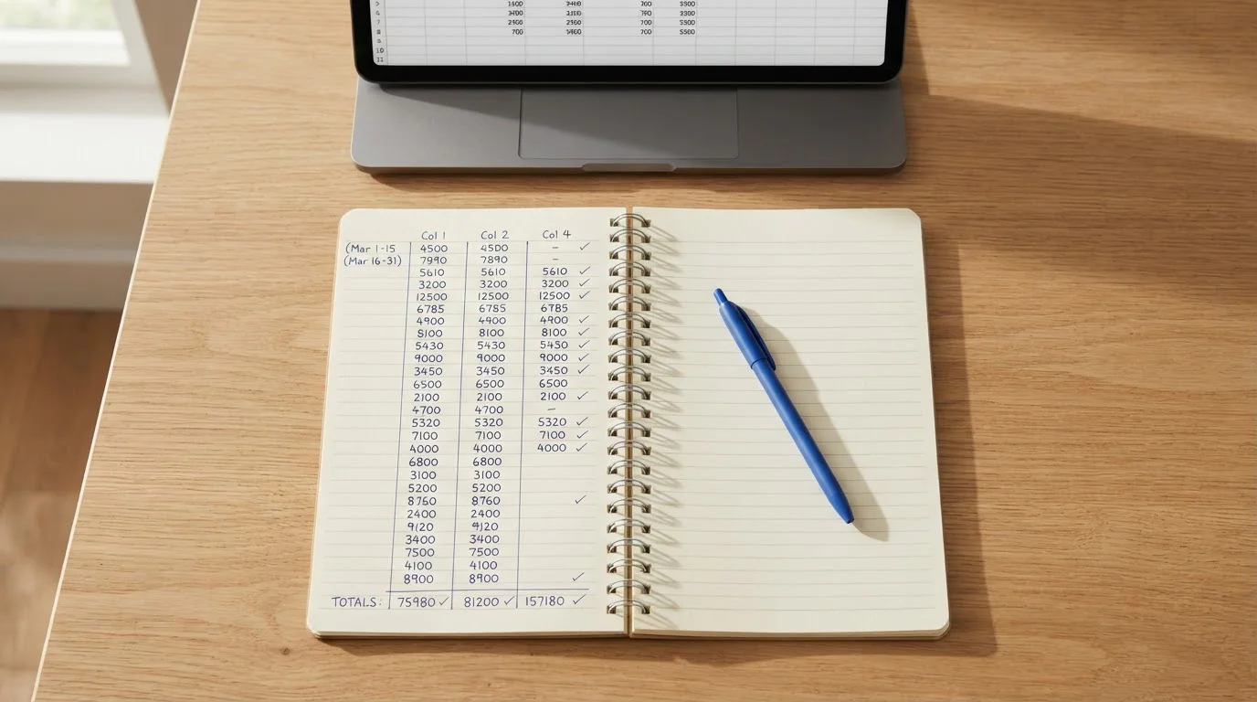 Notepad with handwritten figures and a pen beside a laptop showing a plain fee schedule