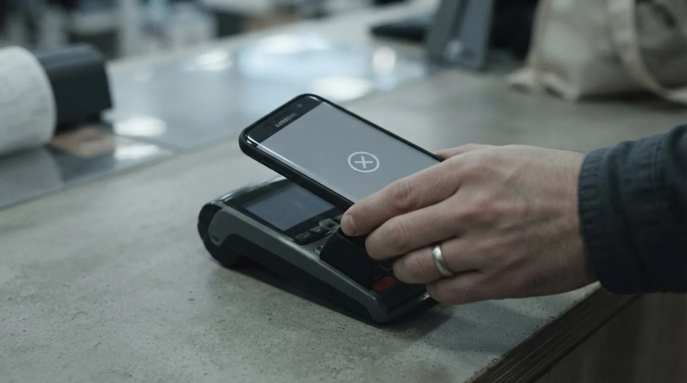 Hand holding a phone at a payment terminal with a declined transaction screen