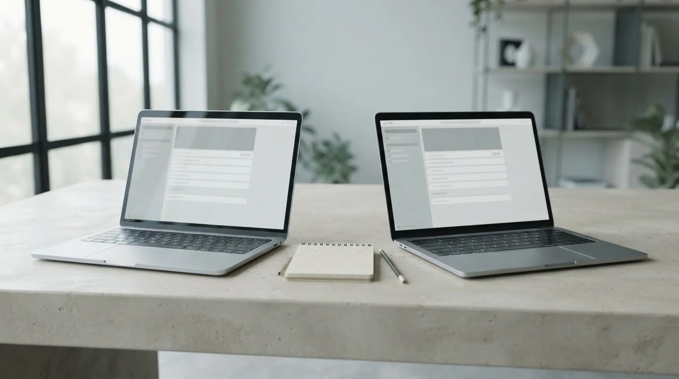 Desk with two open laptops side by side comparing unbranded online casino cashier pages