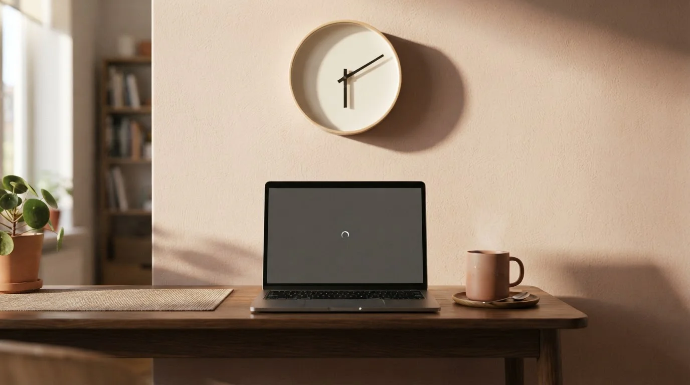 Wall clock above a desk with a laptop showing a pending transaction status screen
