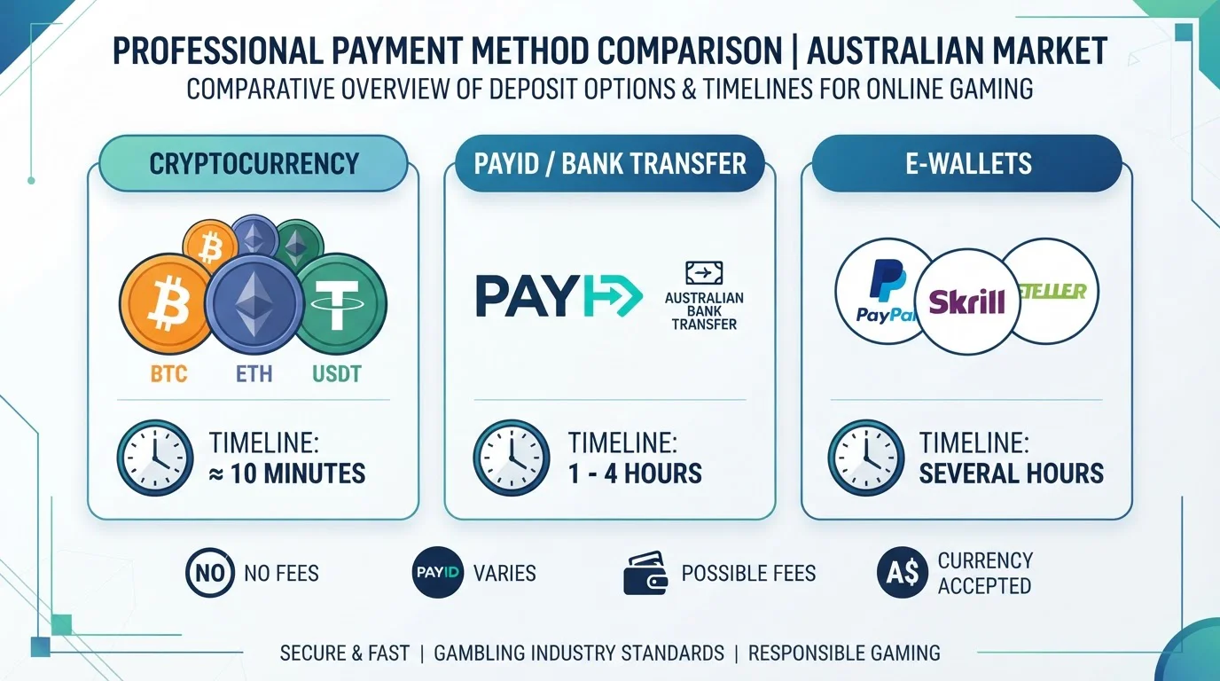 Fast withdrawal casinos Australia comparison showing crypto, PayID and e-wallet payout methods