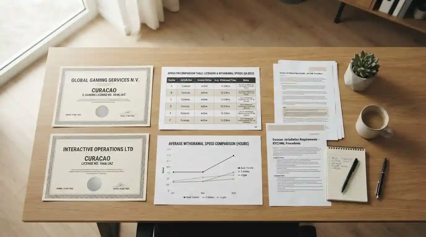 Comparison table showing casino license documents and withdrawal timeline charts