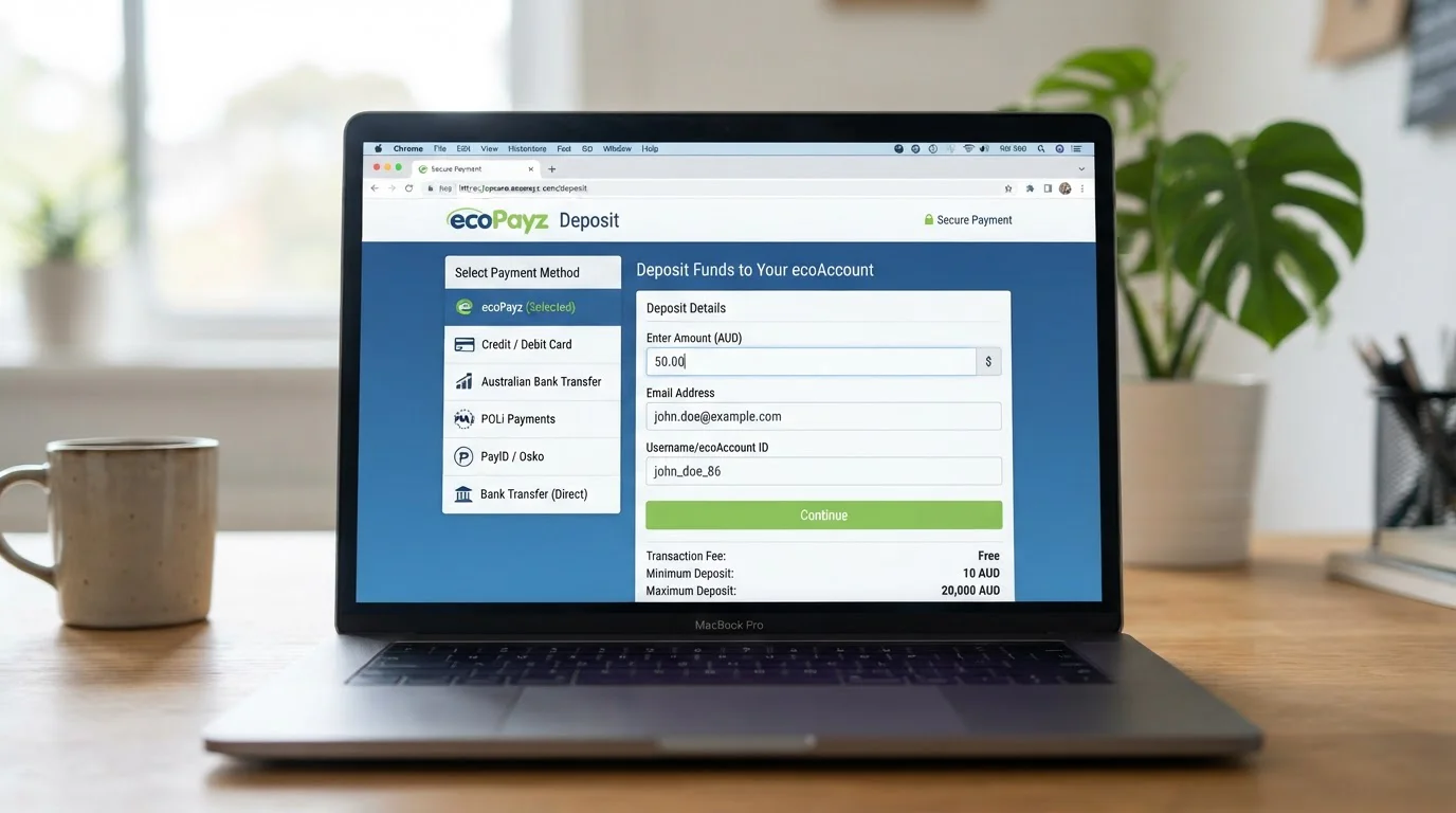 Clean laptop screen showing ecoPayz deposit interface with Australian bank transfer options