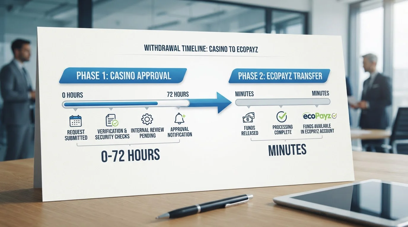 Timeline diagram showing casino approval phase versus ecoPayz transfer phase in withdrawal process