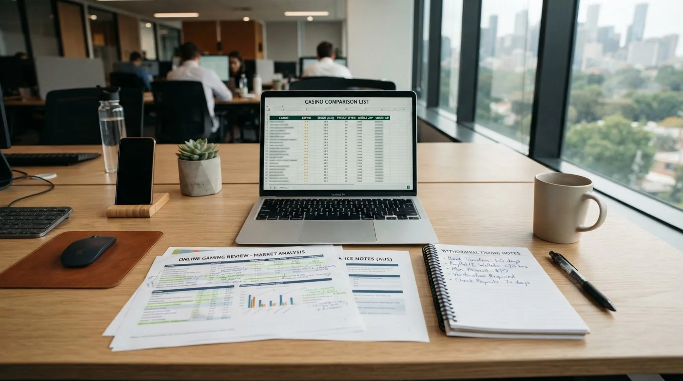 Organized workspace with casino comparison documents and laptop