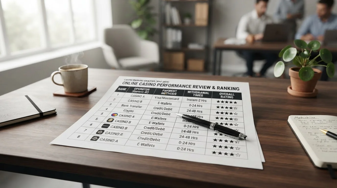 Clean comparison document showing offshore casino rankings with withdrawal times and payment methods