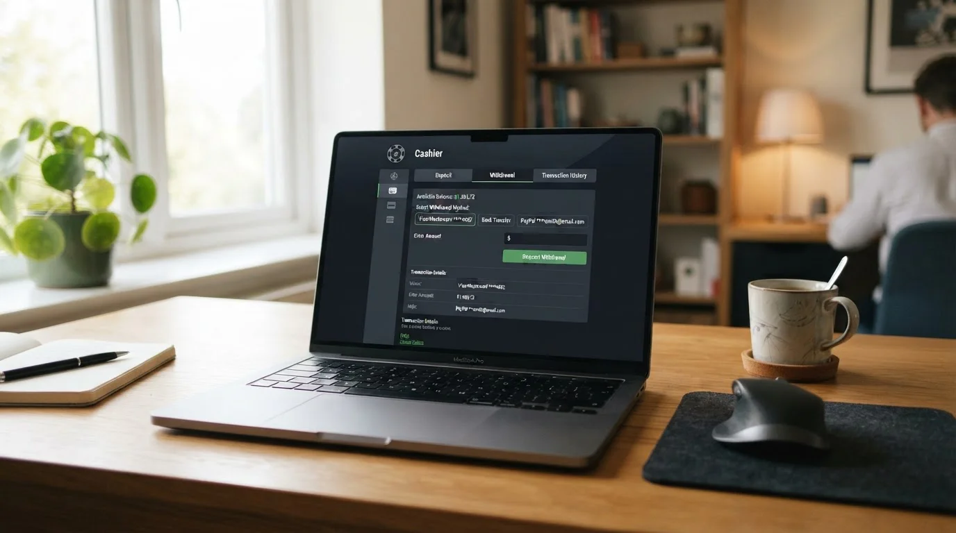 Laptop showing casino cashier interface with withdrawal options