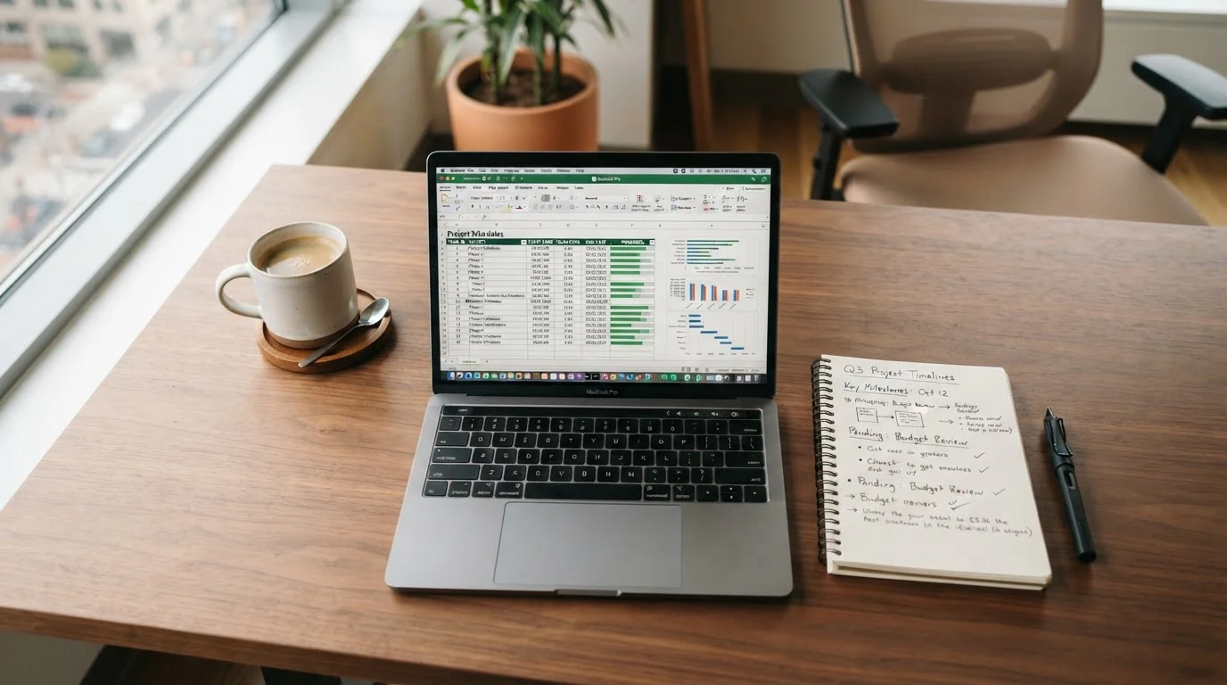 Clean desk with laptop showing casino comparison spreadsheet and timing data