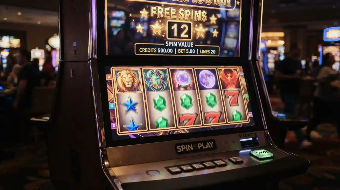 Close-up of pokie reels with free spins counter and spin value display