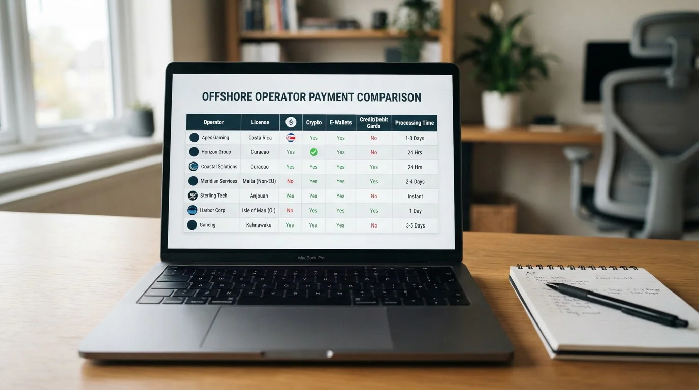 Laptop showing an offshore casino operator comparison across payment options and payout speeds