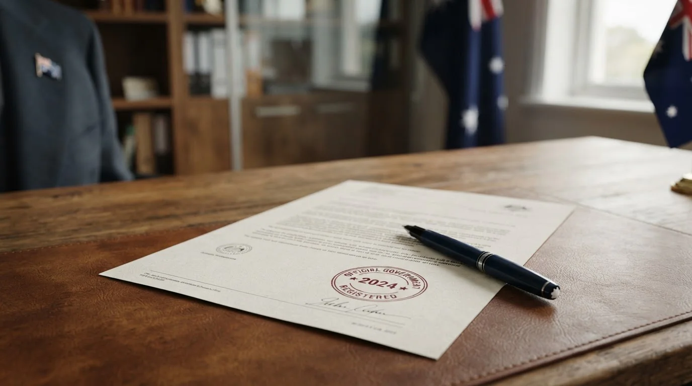 Official Australian government document on wooden desk with 2024 date stamp