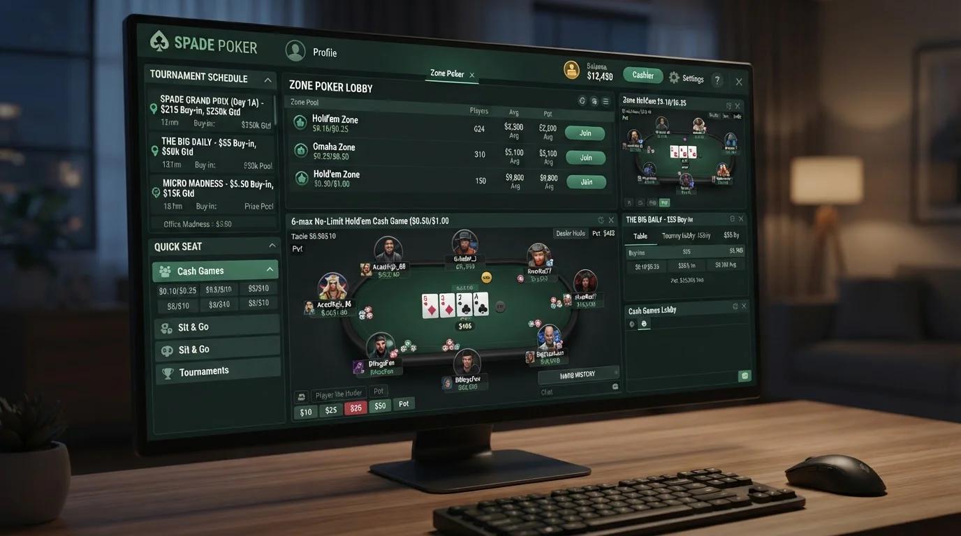 Ignition Casino poker room interface showing Zone Poker tables and tournament schedule