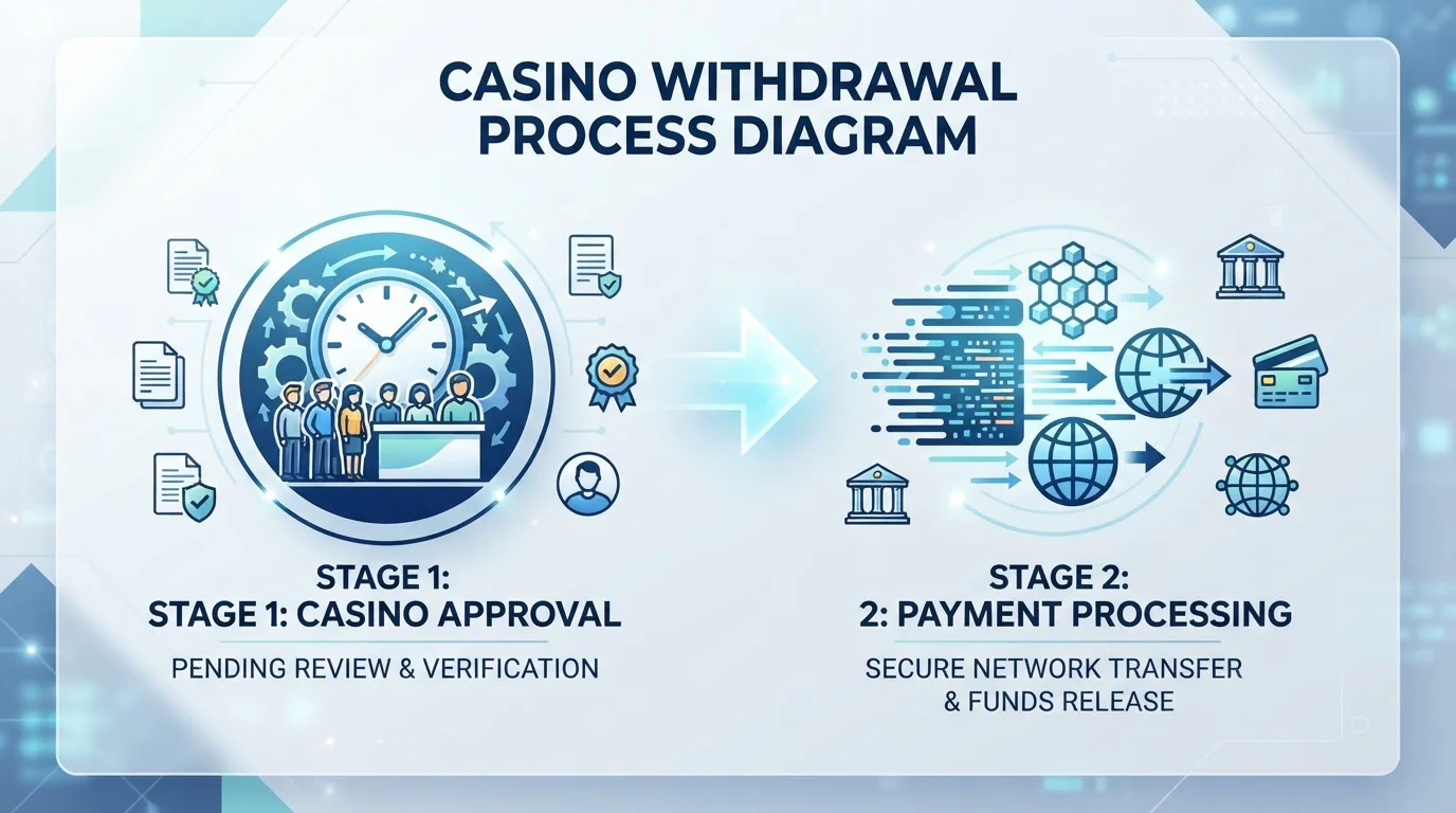 Split-screen diagram showing casino approval queue and payment network transfer stages
