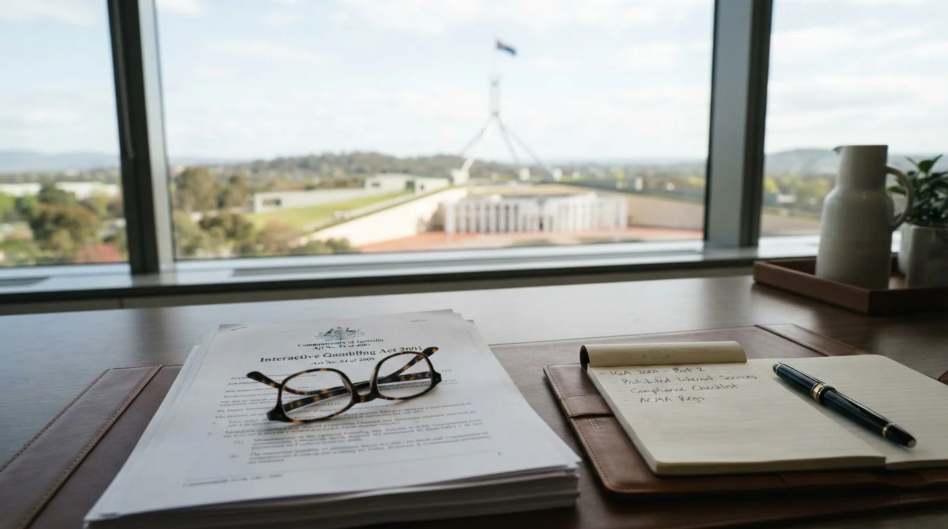 Interactive Gambling Act 2001 document on desk with Australian Parliament House visible through window