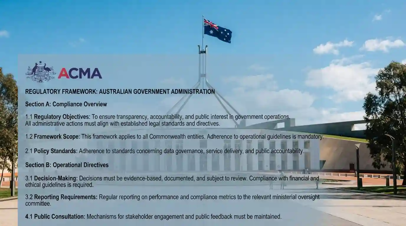 Parliament House Canberra with ACMA regulatory document overlay