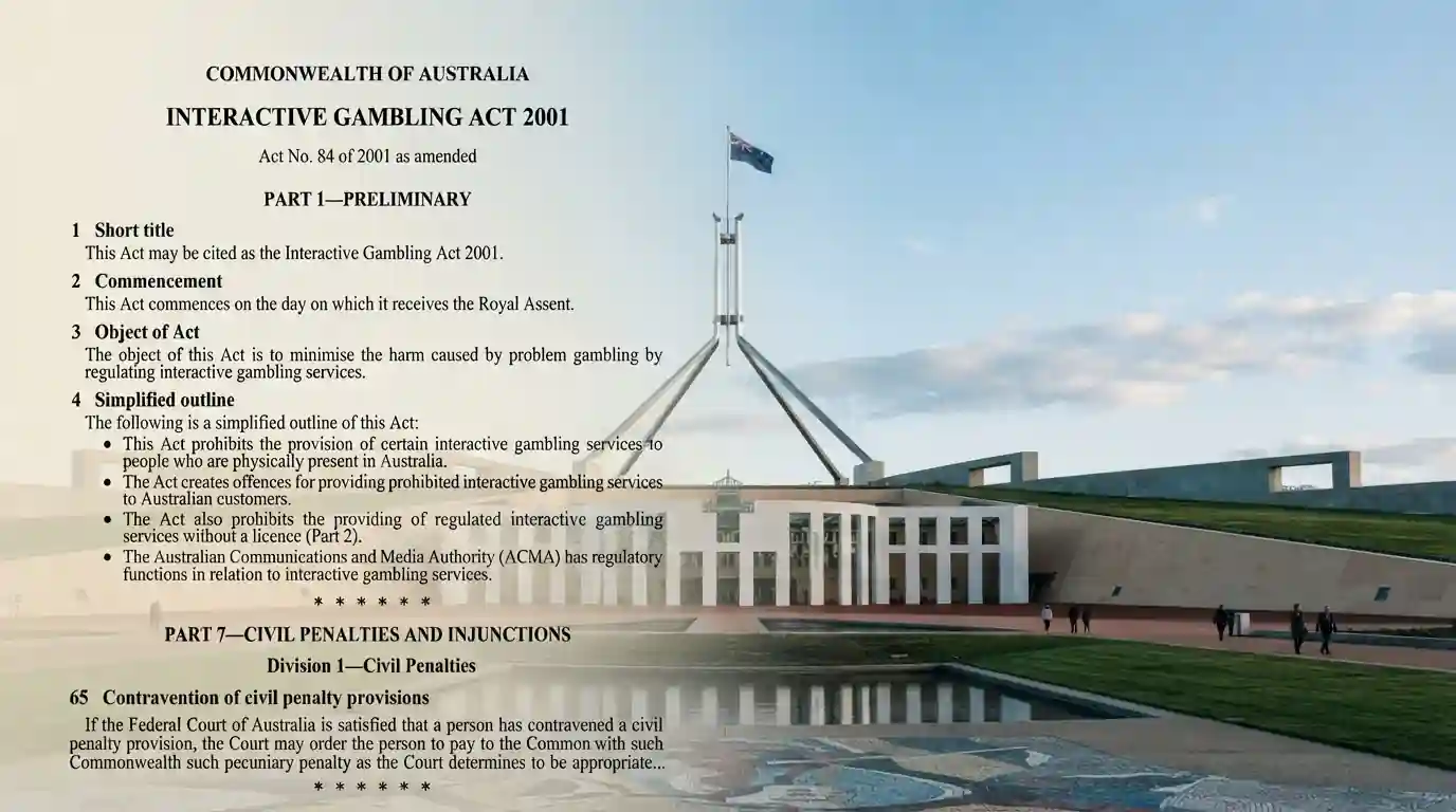 Australian Parliament House with legal document overlay showing IGA 2001 text